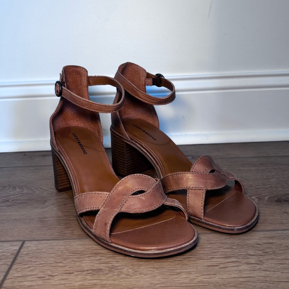 Lucky Brand Leather Block Heel Sandals | Cognac Brown | Size 10